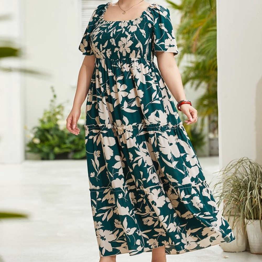 Floral Print Dress in Dark Green and Cream